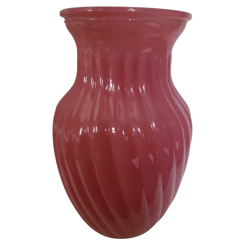 Vintage Pink Optic Swirl Glass Vase Ribbed Urn Shape Decorative Flower Vase